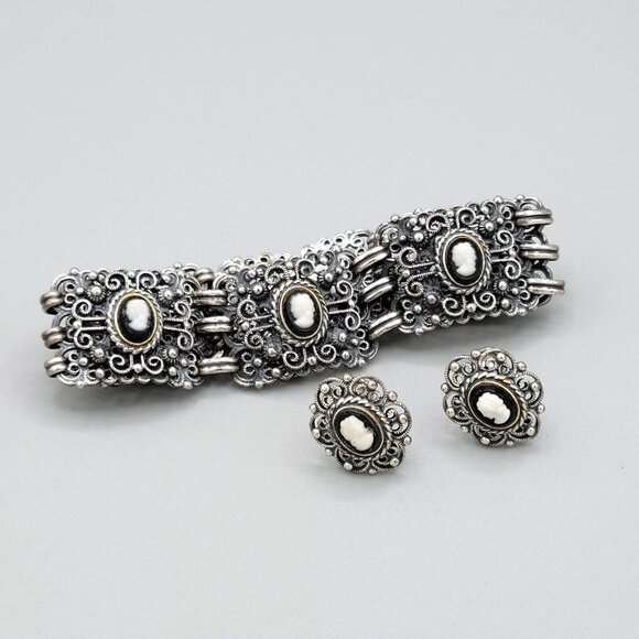 Danecraft Jewelry - Vintage Danecraft Sterling Silver Filigree Mini Cameos Bracelet Earrings Set